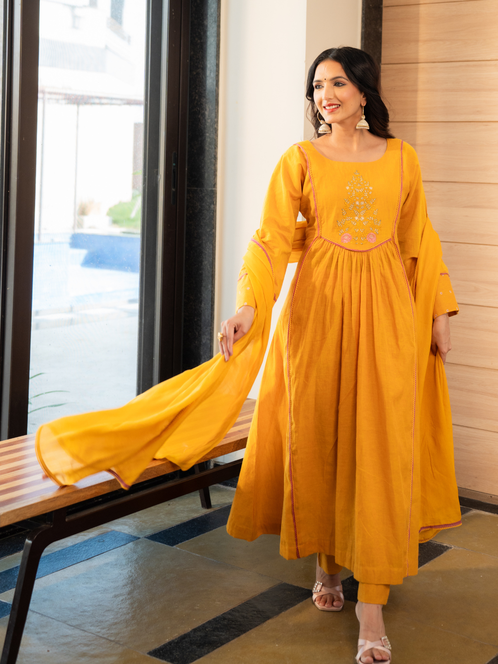 Yellow Cotton Embroidered Anarkali Kurta Set With Dupatta And Pants