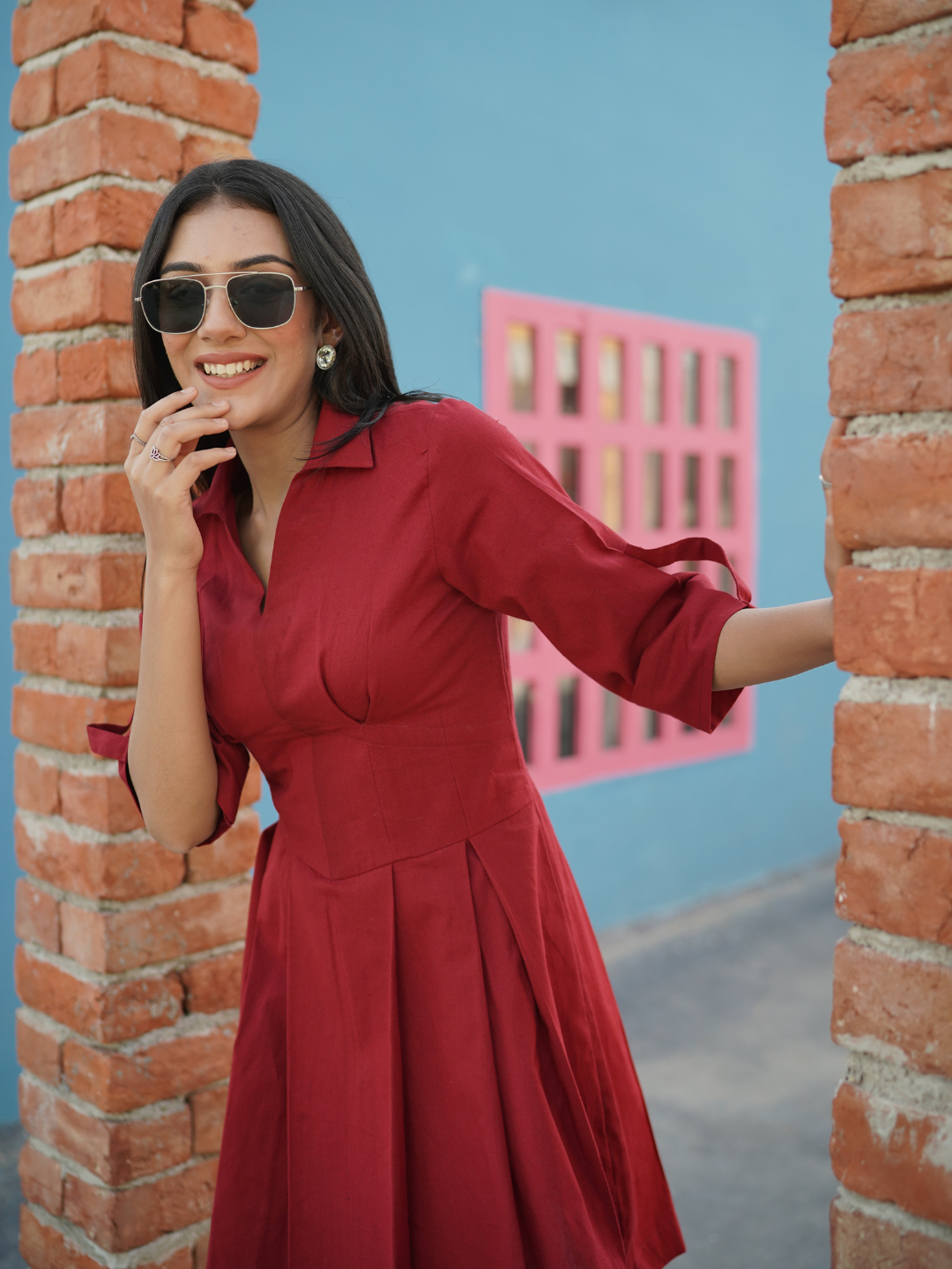 Red Cotton Linen Short Dress