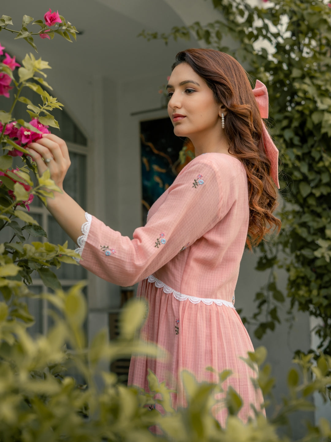 Pink Mist Dress in Kota Doriya Fabric with Embroidery
