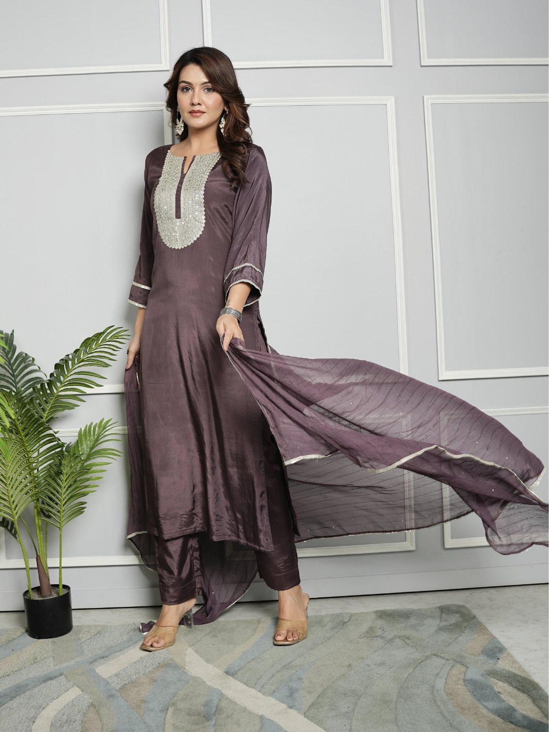 Purple Shantoon Embroidery Kurta with Pants and Dupatta