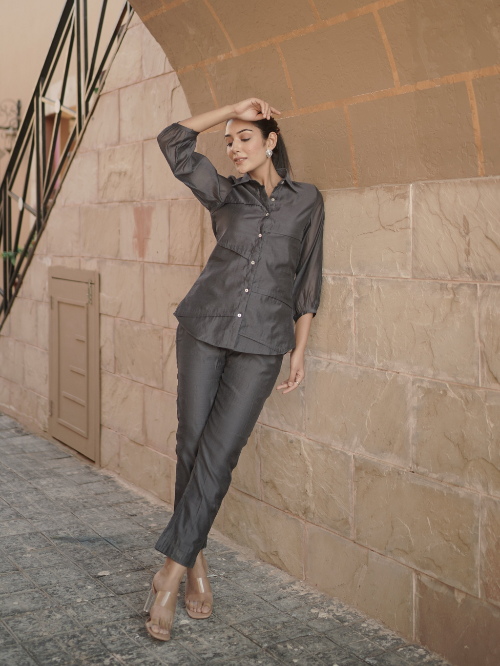 Charcoal Grey Chanderi Co-ord Set
