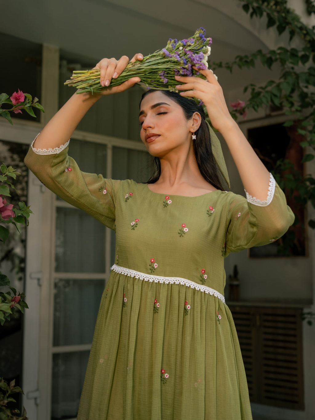 Mint Grace Dress in Kota Doriya Fabric with Embroidery