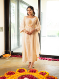 Off White Linen Blend Anarkali  Kurta Set With Embroidery