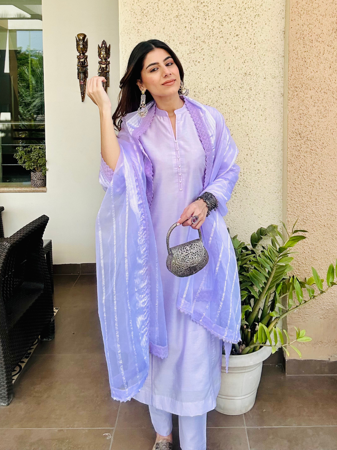 Lilac Chanderi Kurta Set With Dupatta & Pants