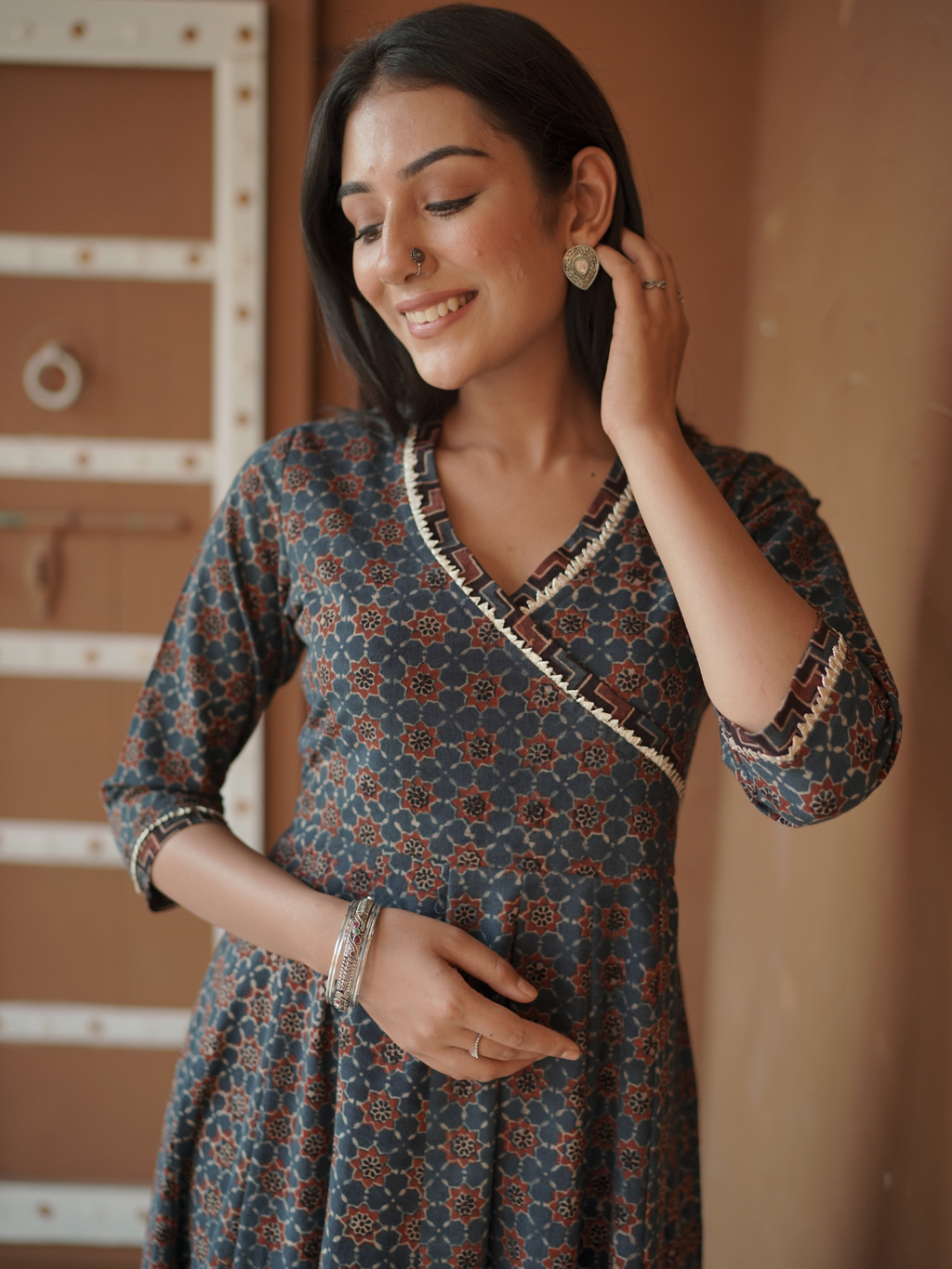 Indigo Ajrakh printed Anarkali Kurta