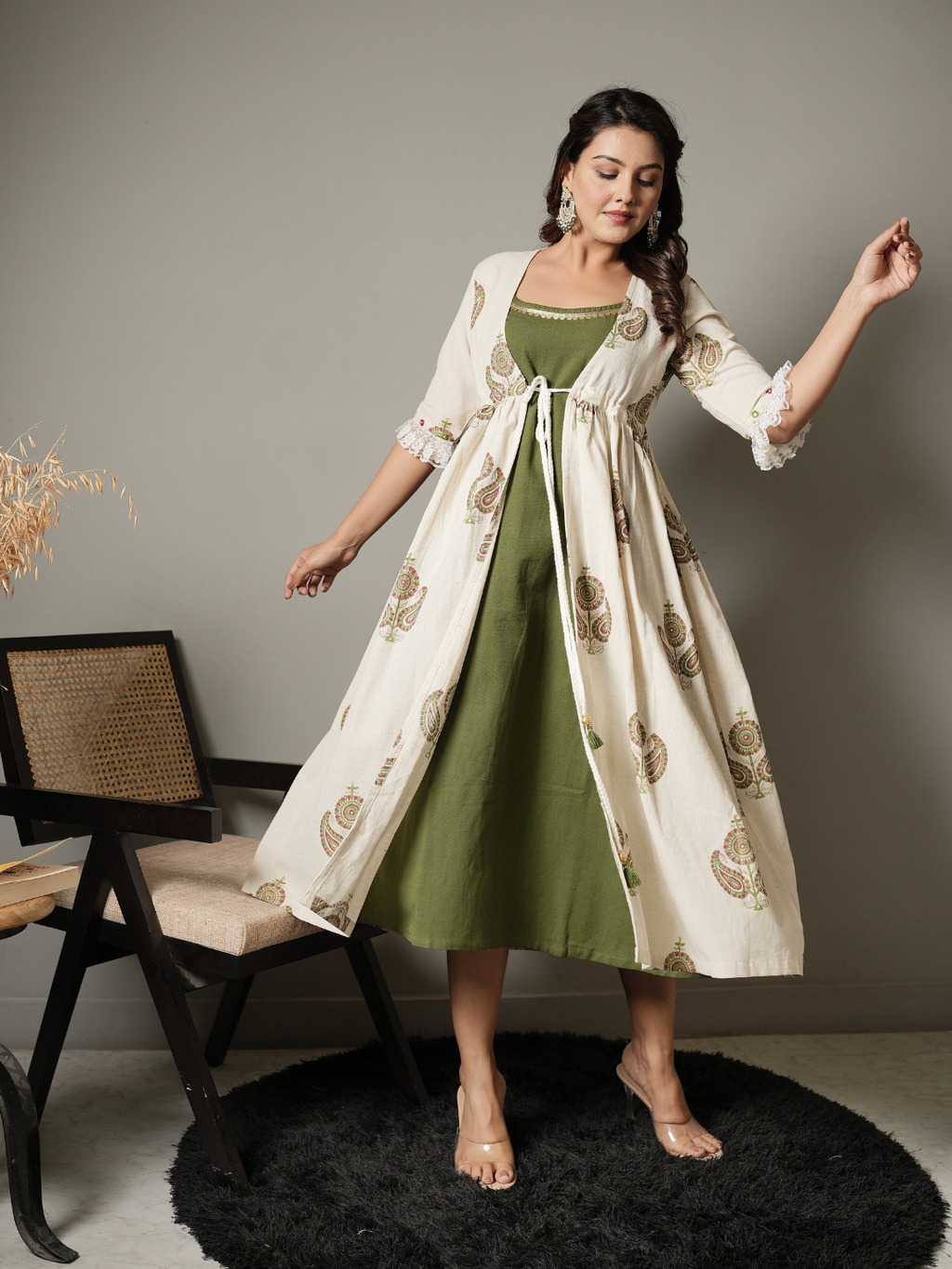 Green Inner with Block Print Cotton Shrug Dress