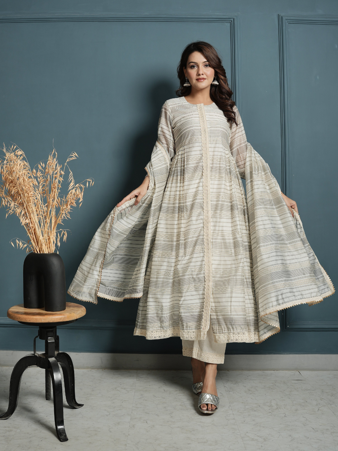 Block Print Golden Stripe Kurta with Pants and Dupatta