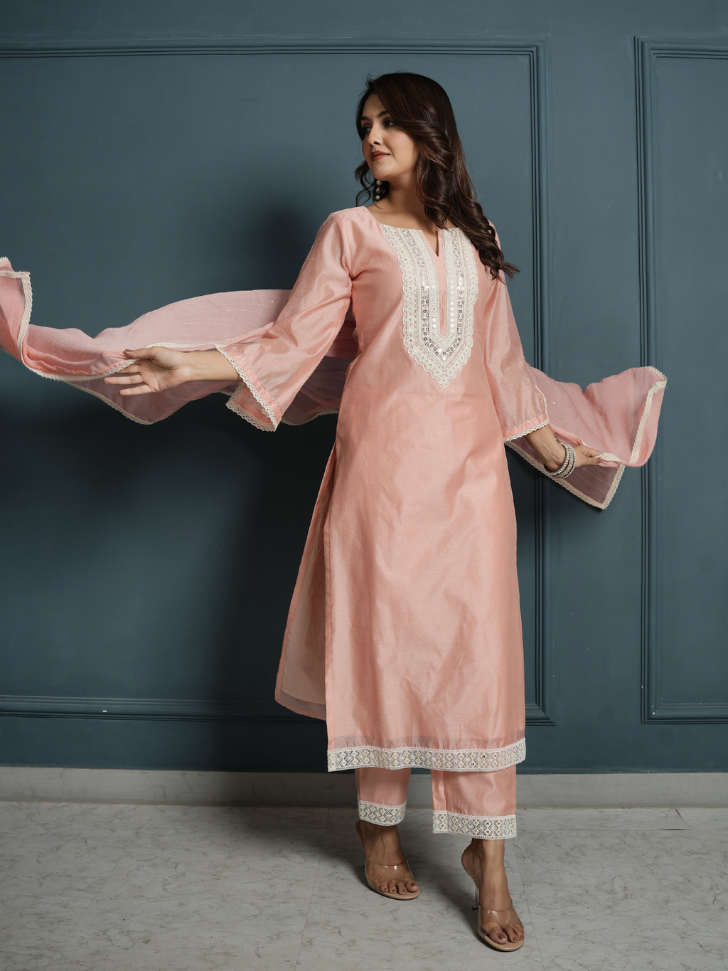 Pastel Pink Chanderi Kurta with Pants and Dupatta