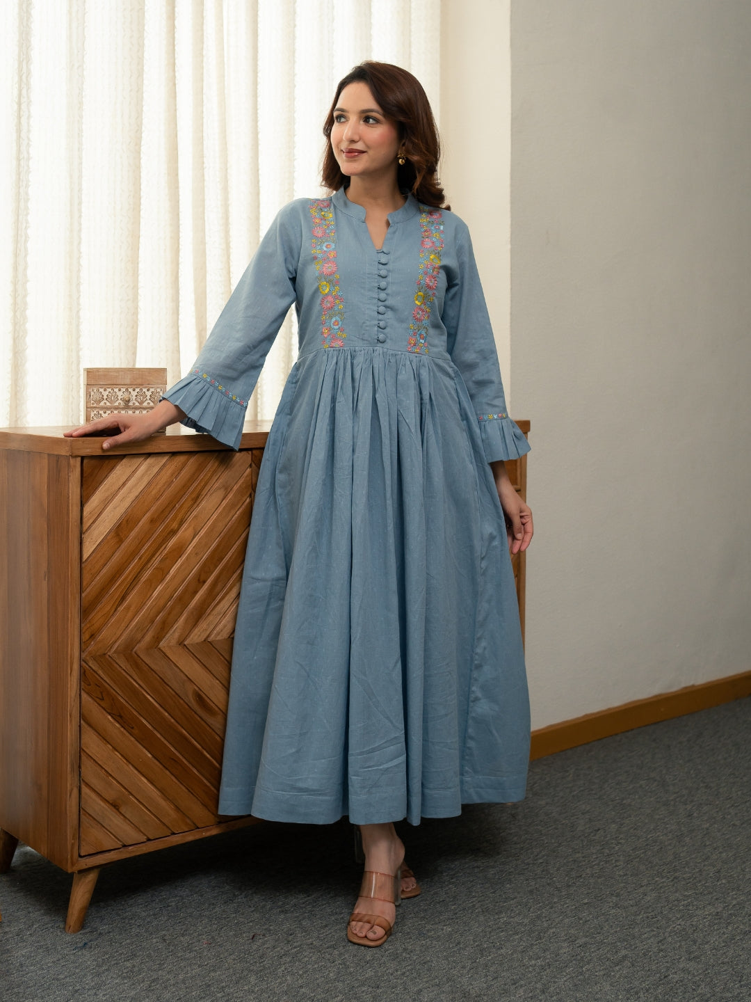 Dobby Blue Dress with Embroidery