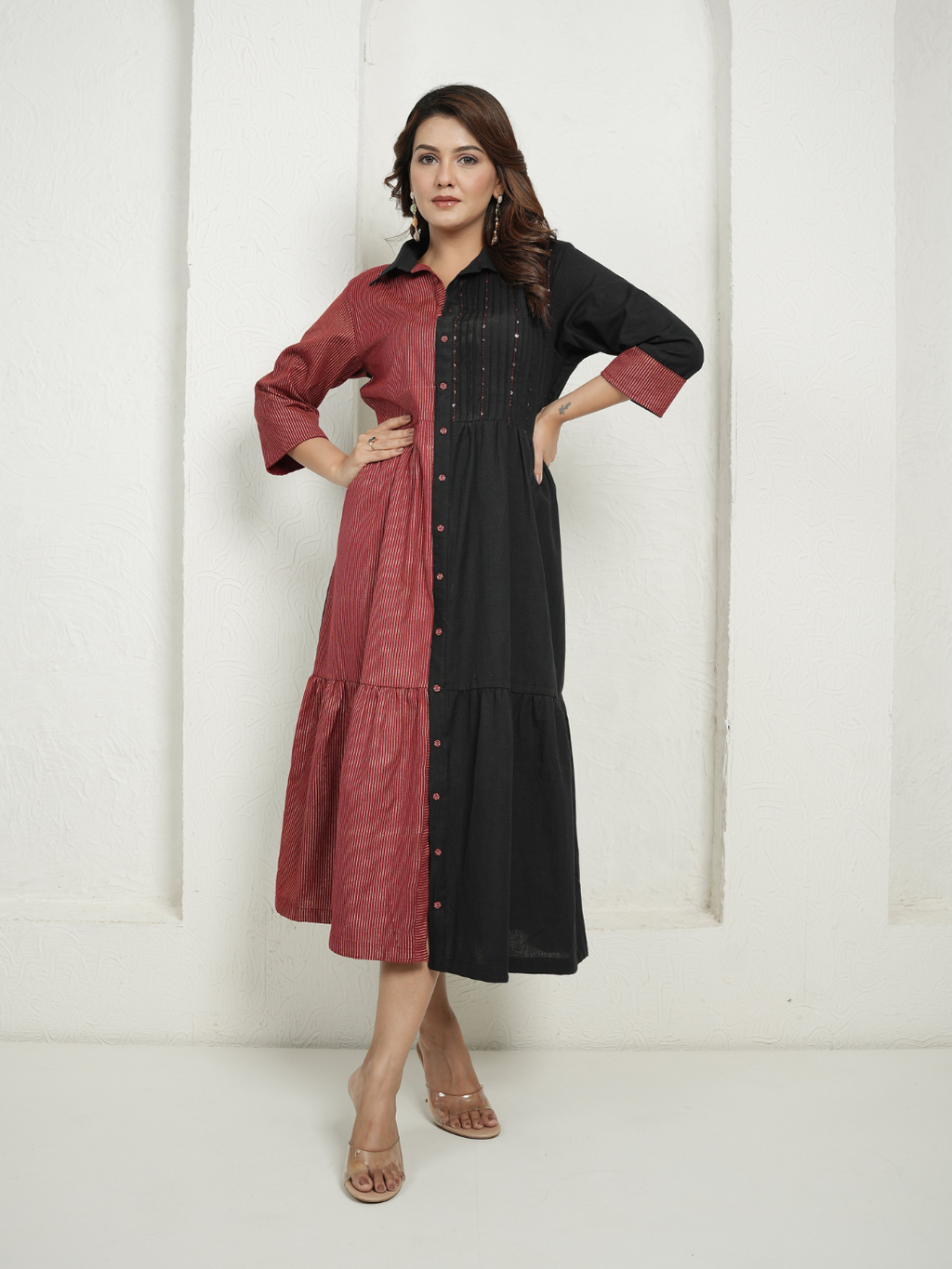Red Block Print and Black Dress with Detailing