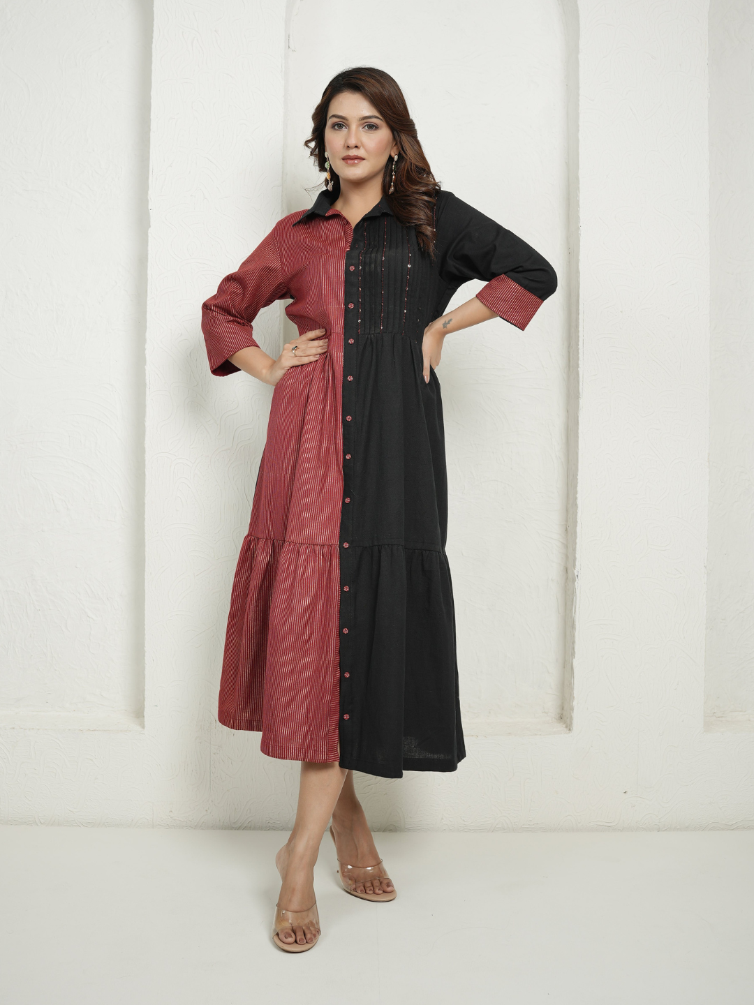 Red Block Print and Black Dress with Detailing