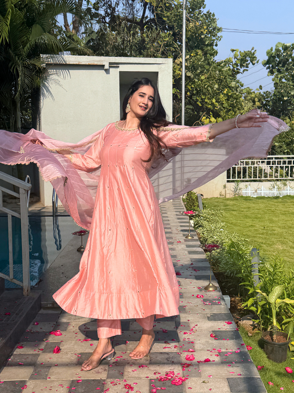Pink Chanderi Anarkali  Kurta Set With Organza Dupatta