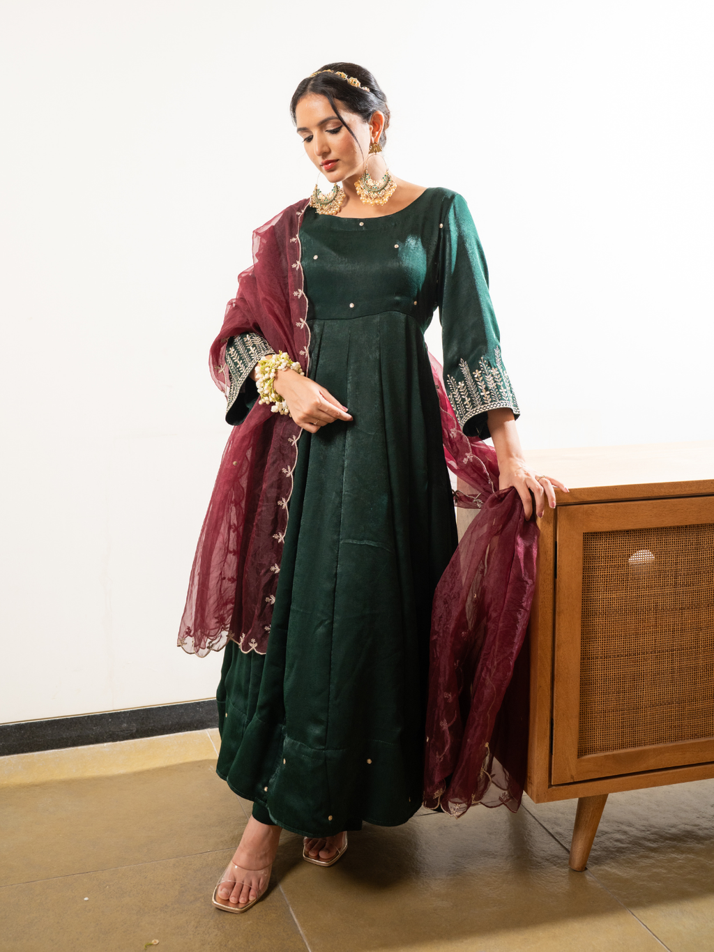 Velvet Satin Green Anarkali With Dupatta And Pants