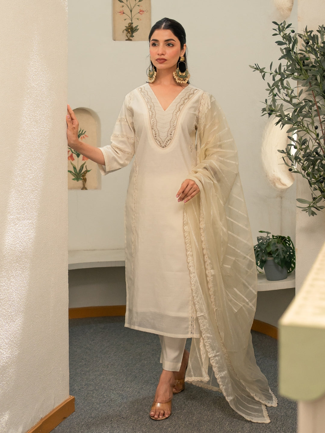 Chanderi Embroidery Pintucks Kurta with Dupatta and Pants