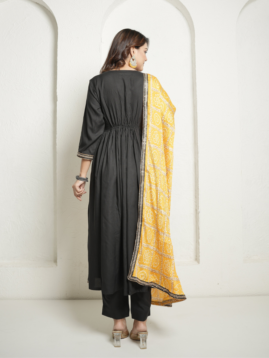 Black Kurta and Pants with Yellow Bandhej Dupatta