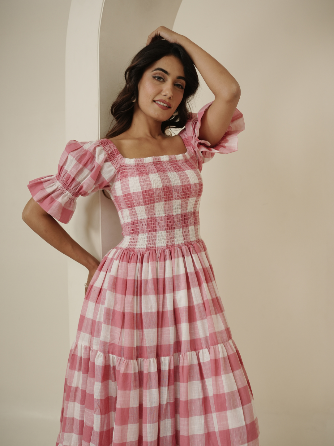 Pink Check Block Printed Dress