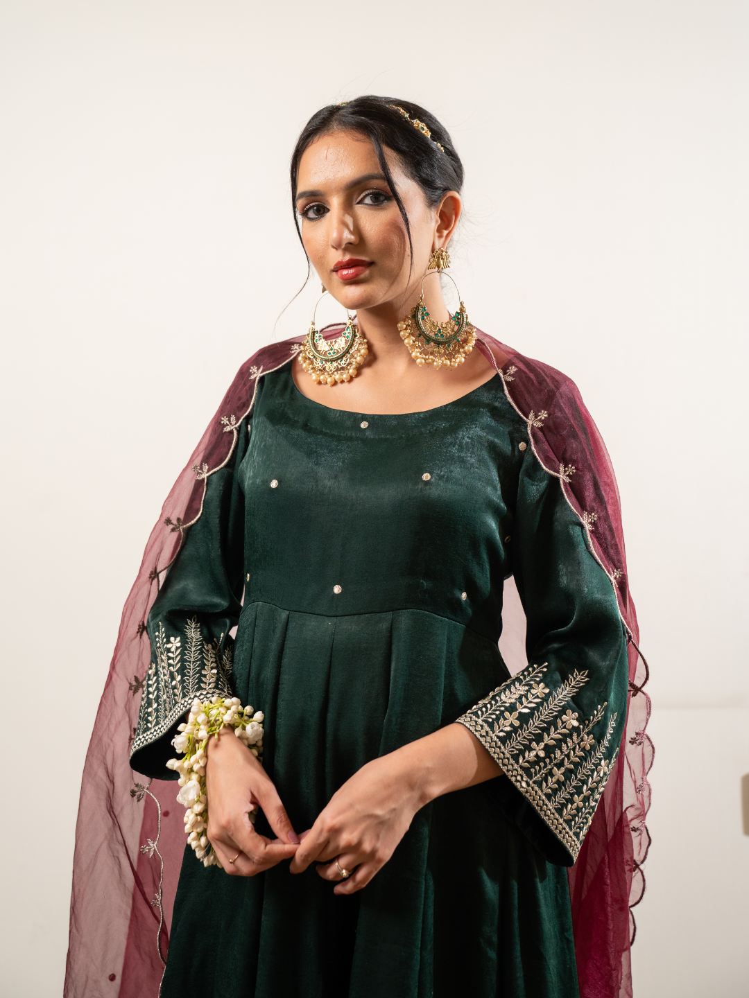 Velvet Satin Green Anarkali With Dupatta And Pants