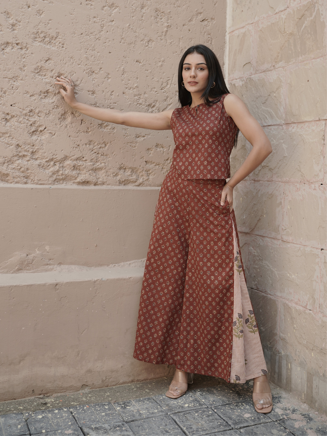 Block Printed Co-ord Top and Palazzo with Shrug