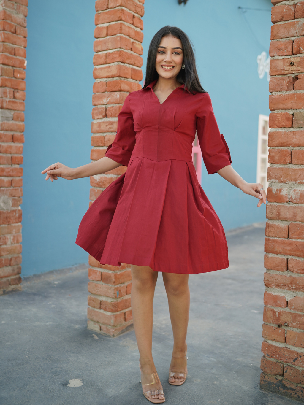 Red Cotton Linen Short Dress