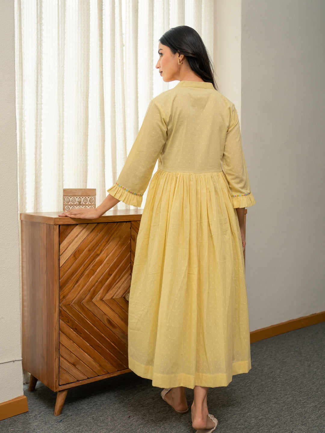 Dobby Pastel Yellow Dress with Embroidery
