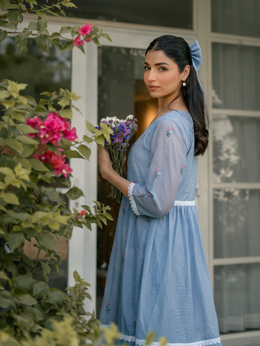 Blue Breeze Dress in Kota Doriya Fabric with Embroidery