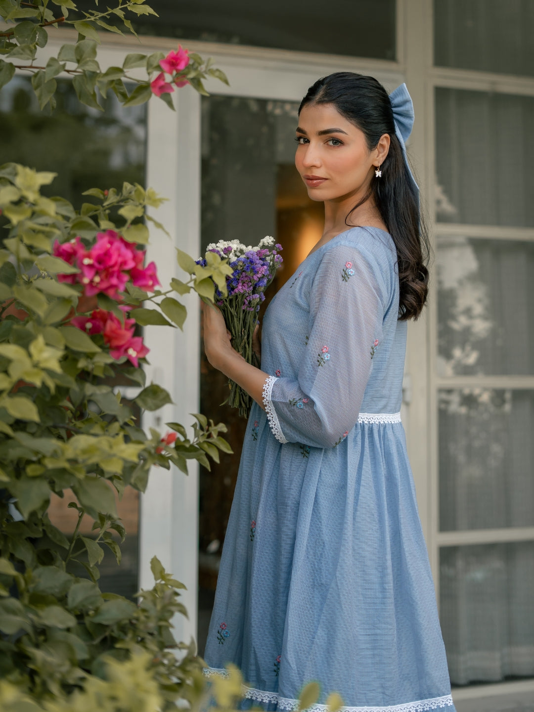 Blue Breeze Dress in Kota Doriya Fabric with Embroidery