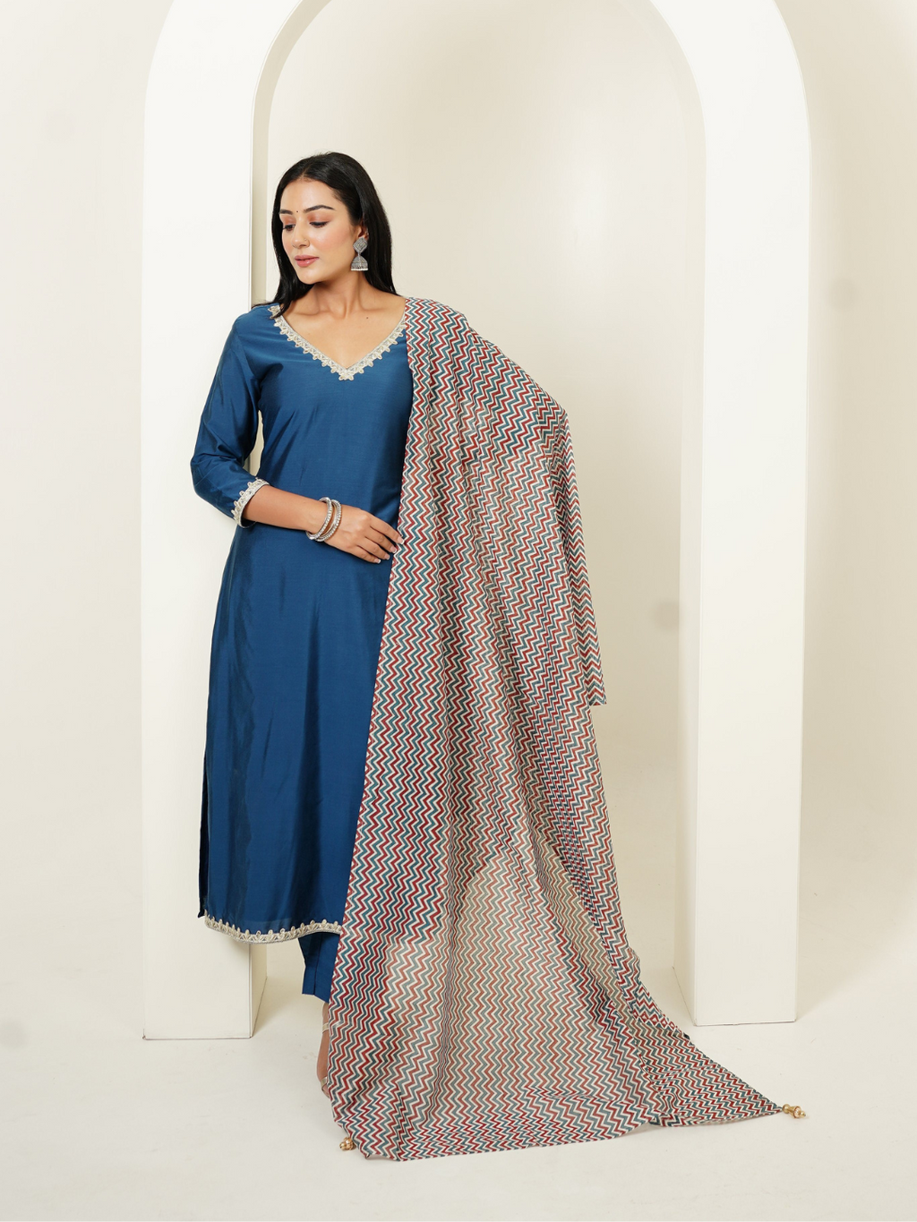 Kurta Set in Viscose Silk fabric with Chanderi Block Printed Duppata