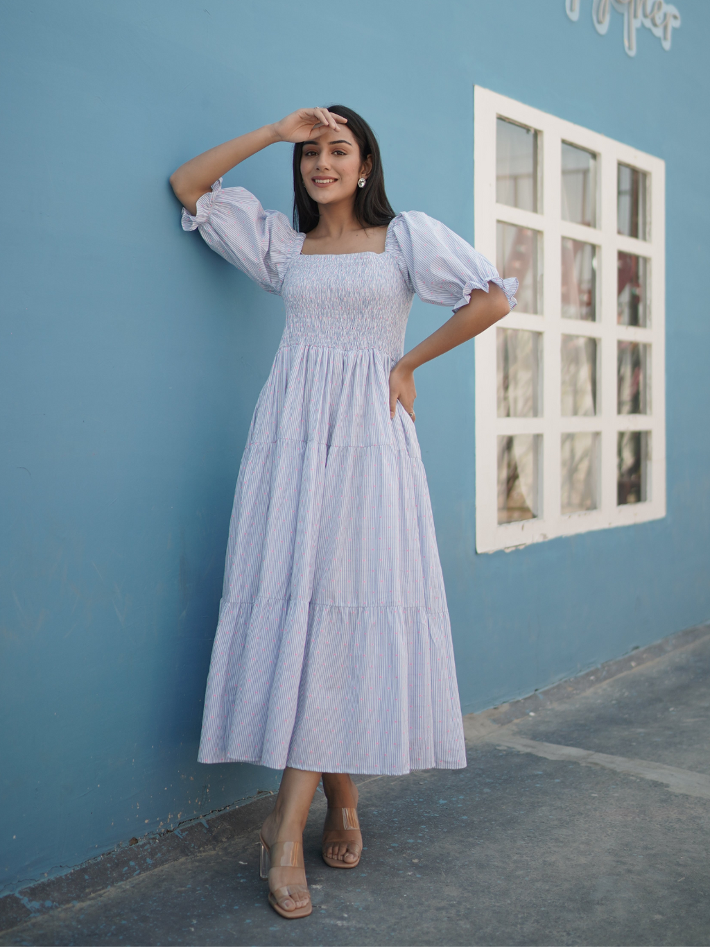 Cotton Dobby Smocked Midi Dress