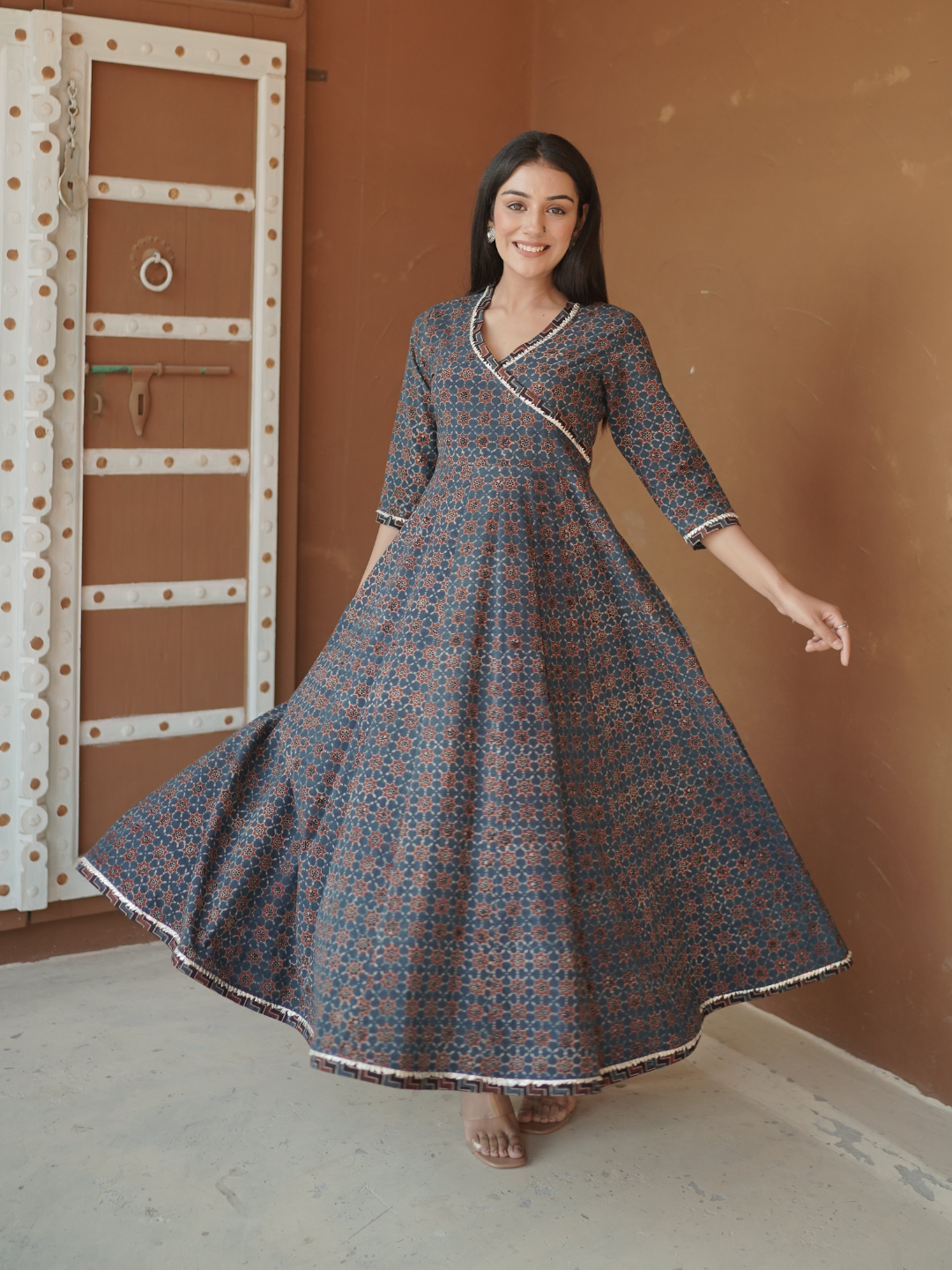 Indigo Ajrakh printed Anarkali Kurta