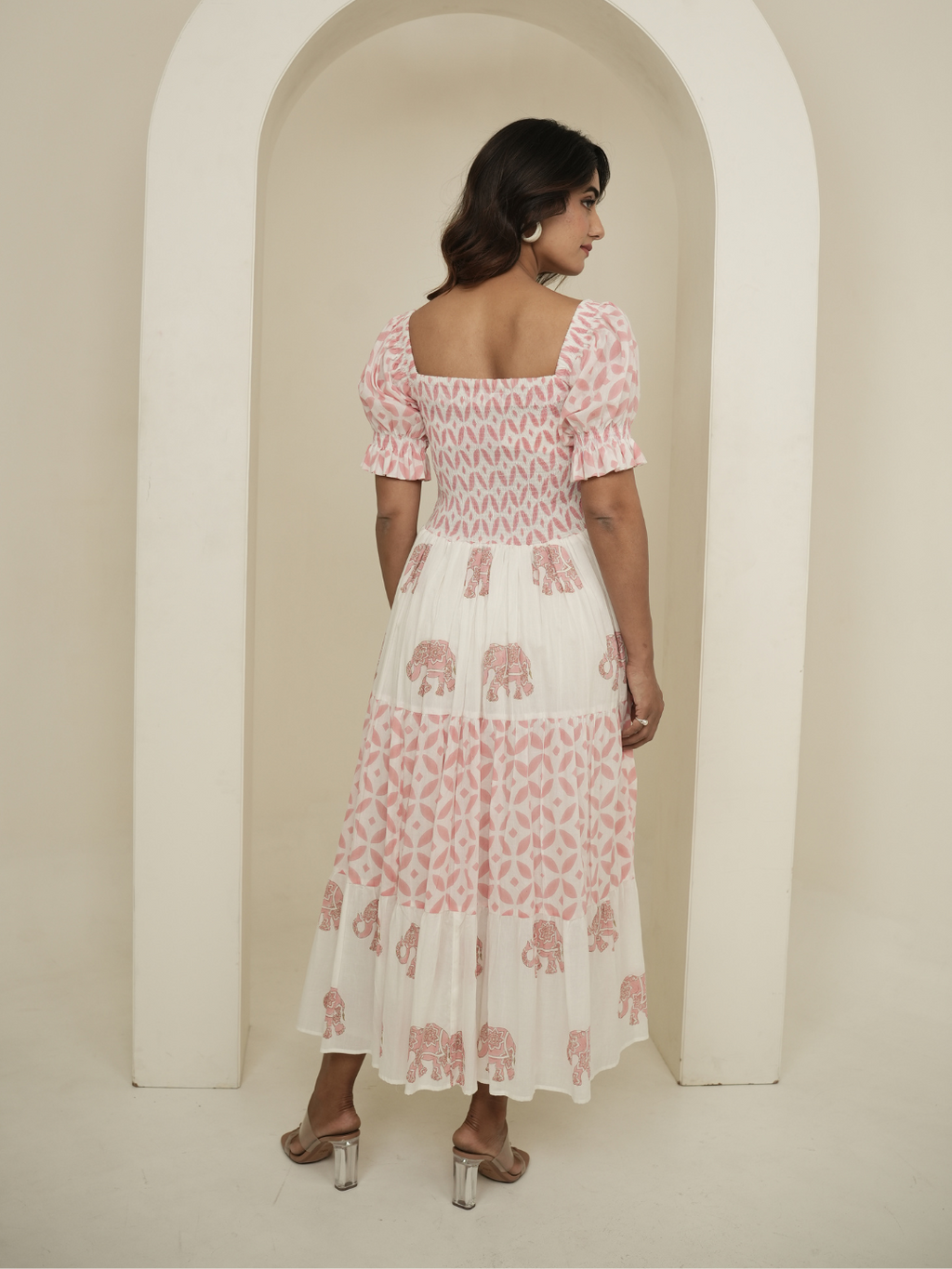 Pastel Pink and White Block Printed Dress