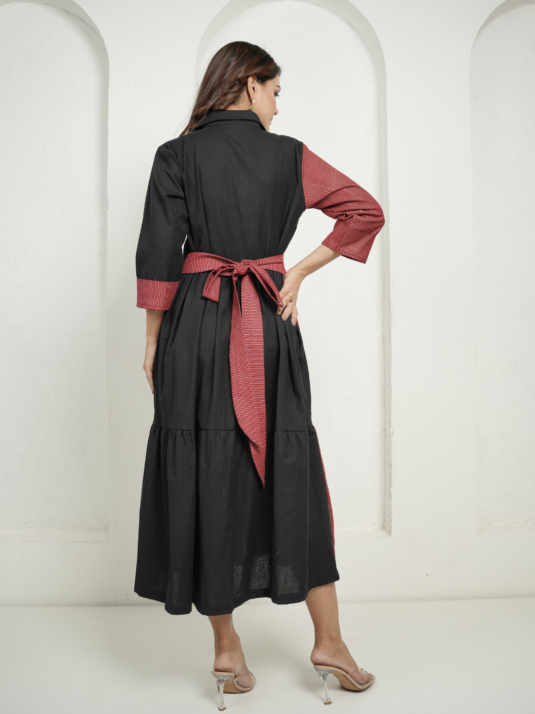Red Block Print and Black Dress with Detailing