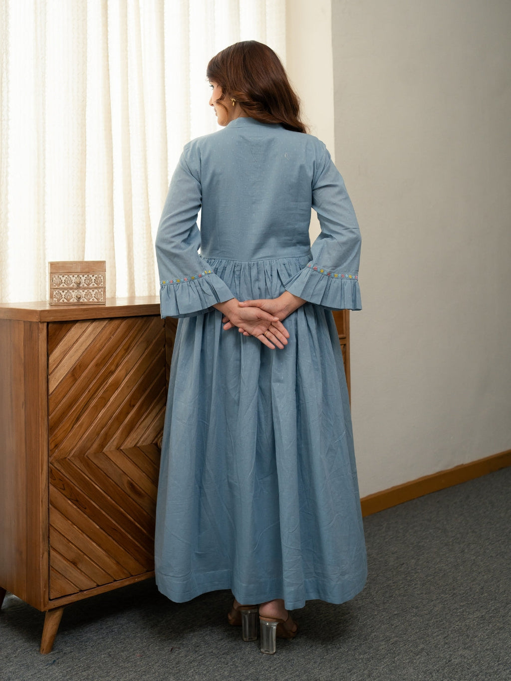 Dobby Blue Dress with Embroidery