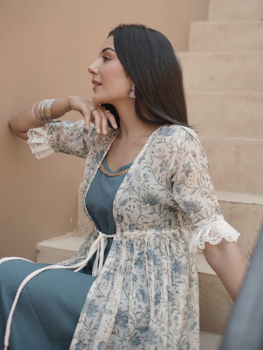 Chanderi Block Print Shrug with Inner Dress
