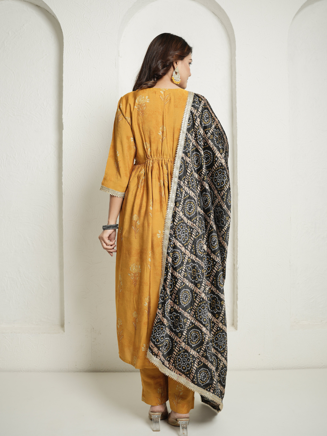 Muslin Yellow Anarkali  Kurta with Black Banhdej Dupatta