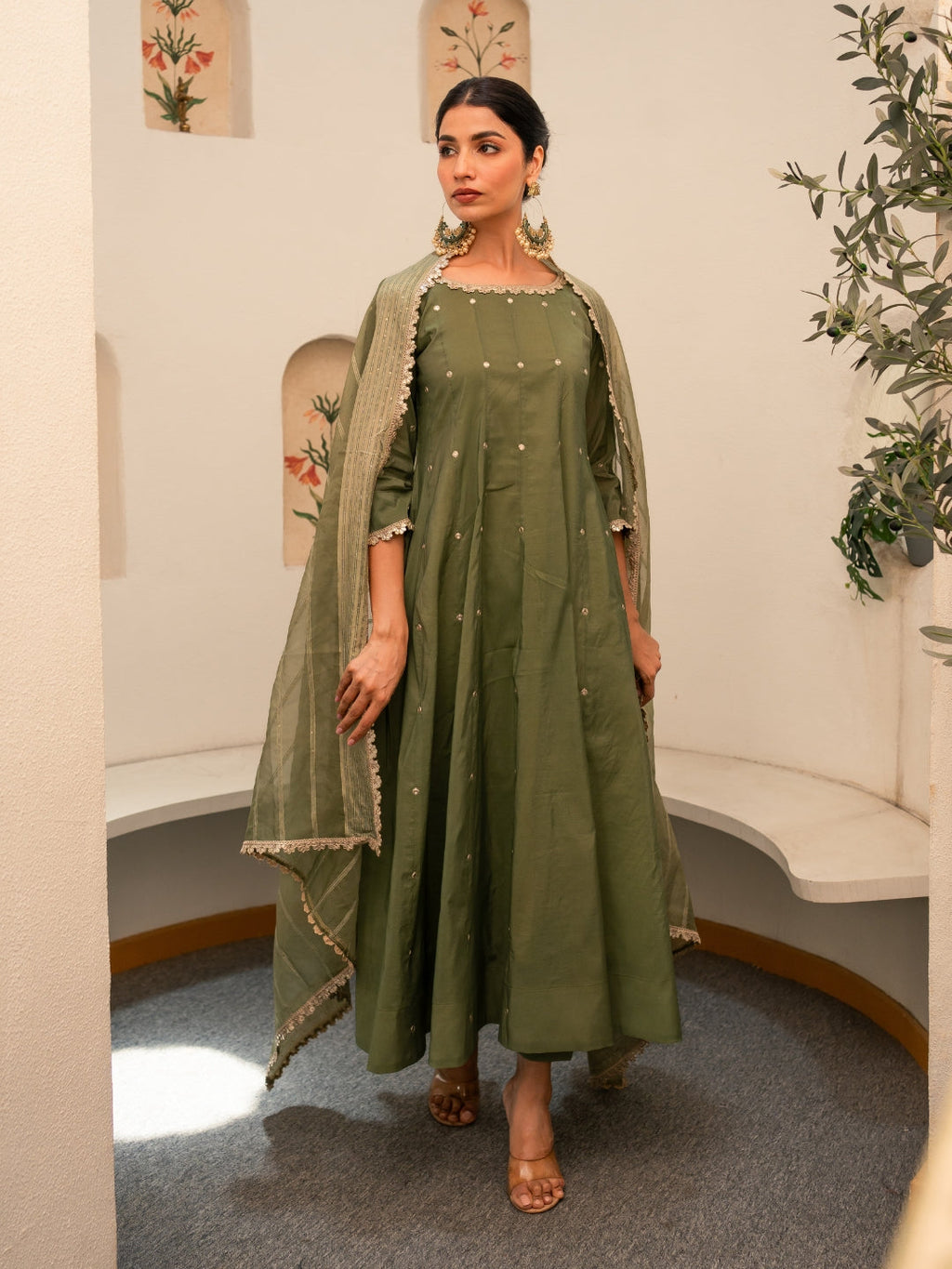 Green Chanderi Anarkali Kurta Set With Dupatta And Pants