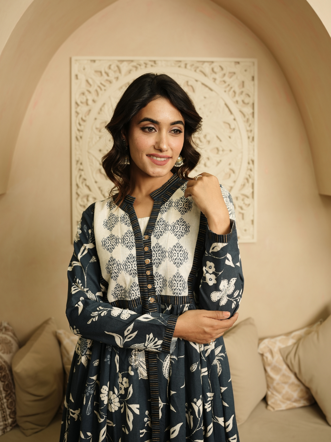 Blue and Beige Block Print Cotton Dress