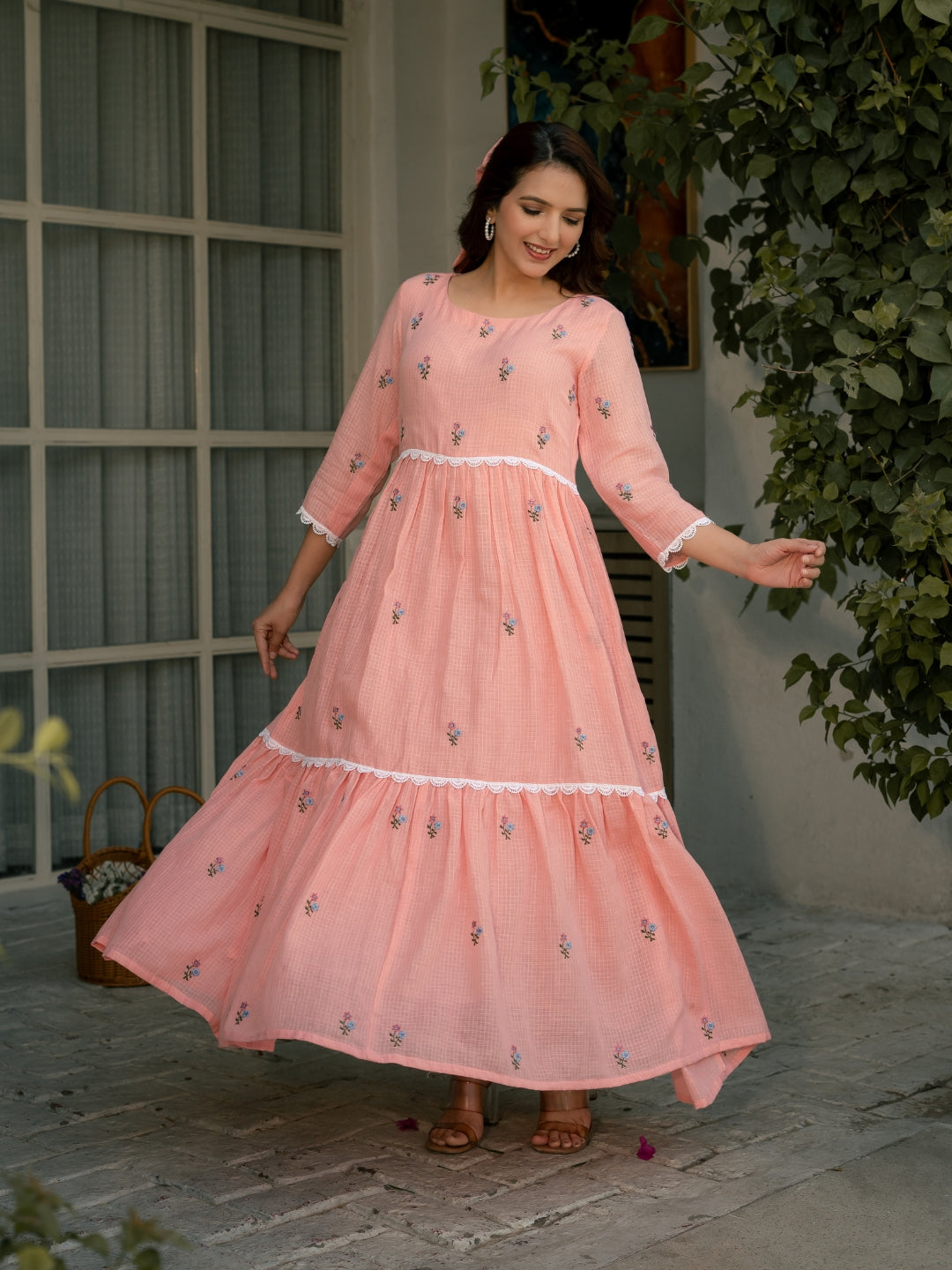 Pink Mist Dress in Kota Doriya Fabric with Embroidery