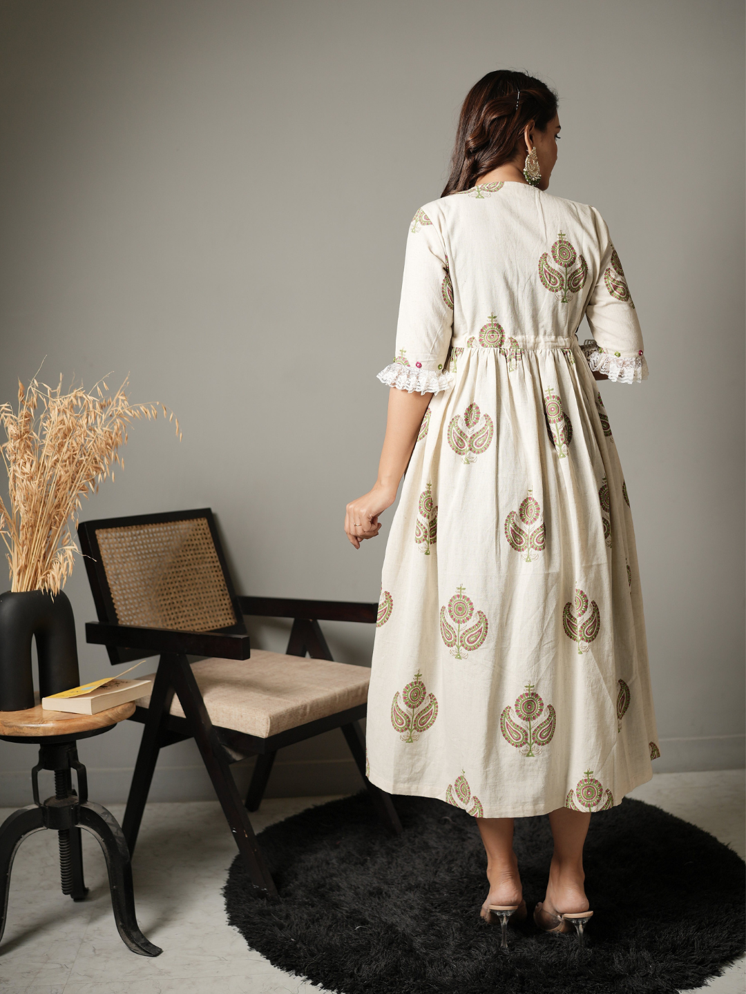 Green Inner with Block Print Cotton Shrug Dress