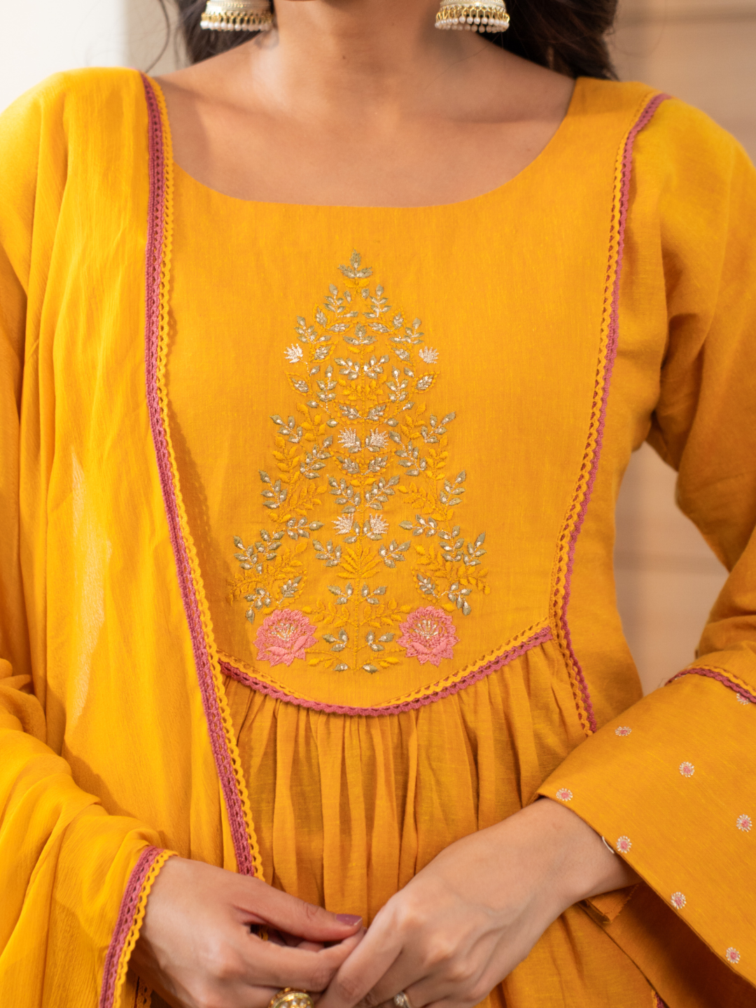 Yellow Cotton Embroidered Anarkali Kurta Set With Dupatta And Pants