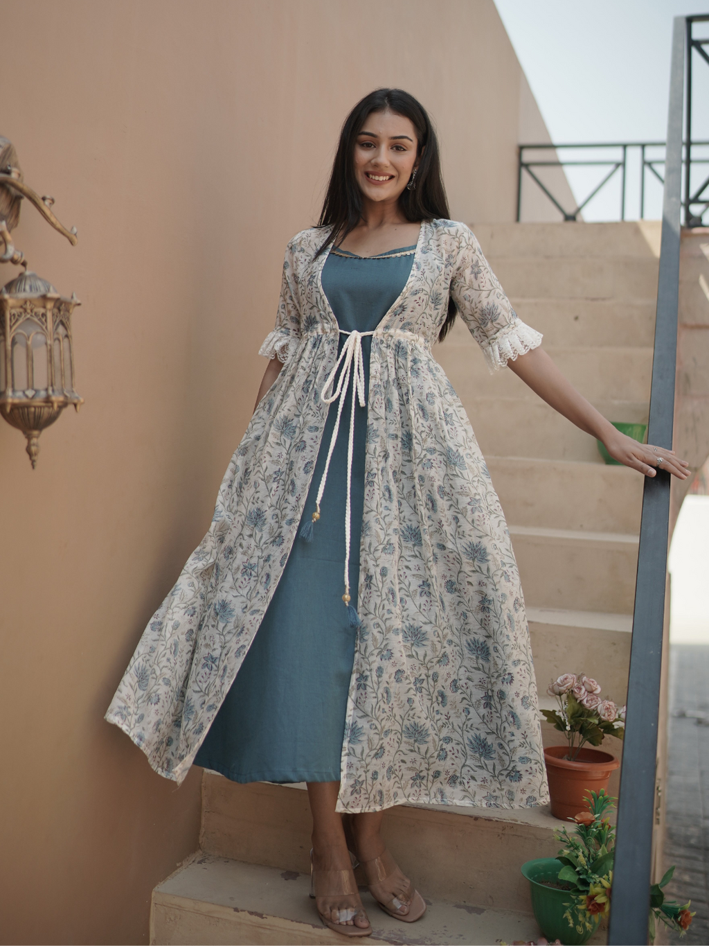 Chanderi Block Print Shrug with Inner Dress