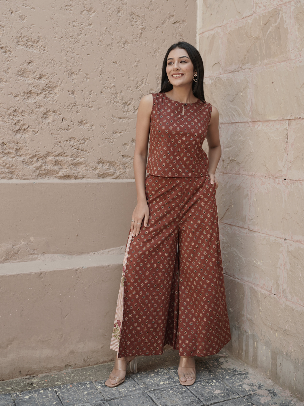 Block Printed Co-ord Top and Palazzo with Shrug