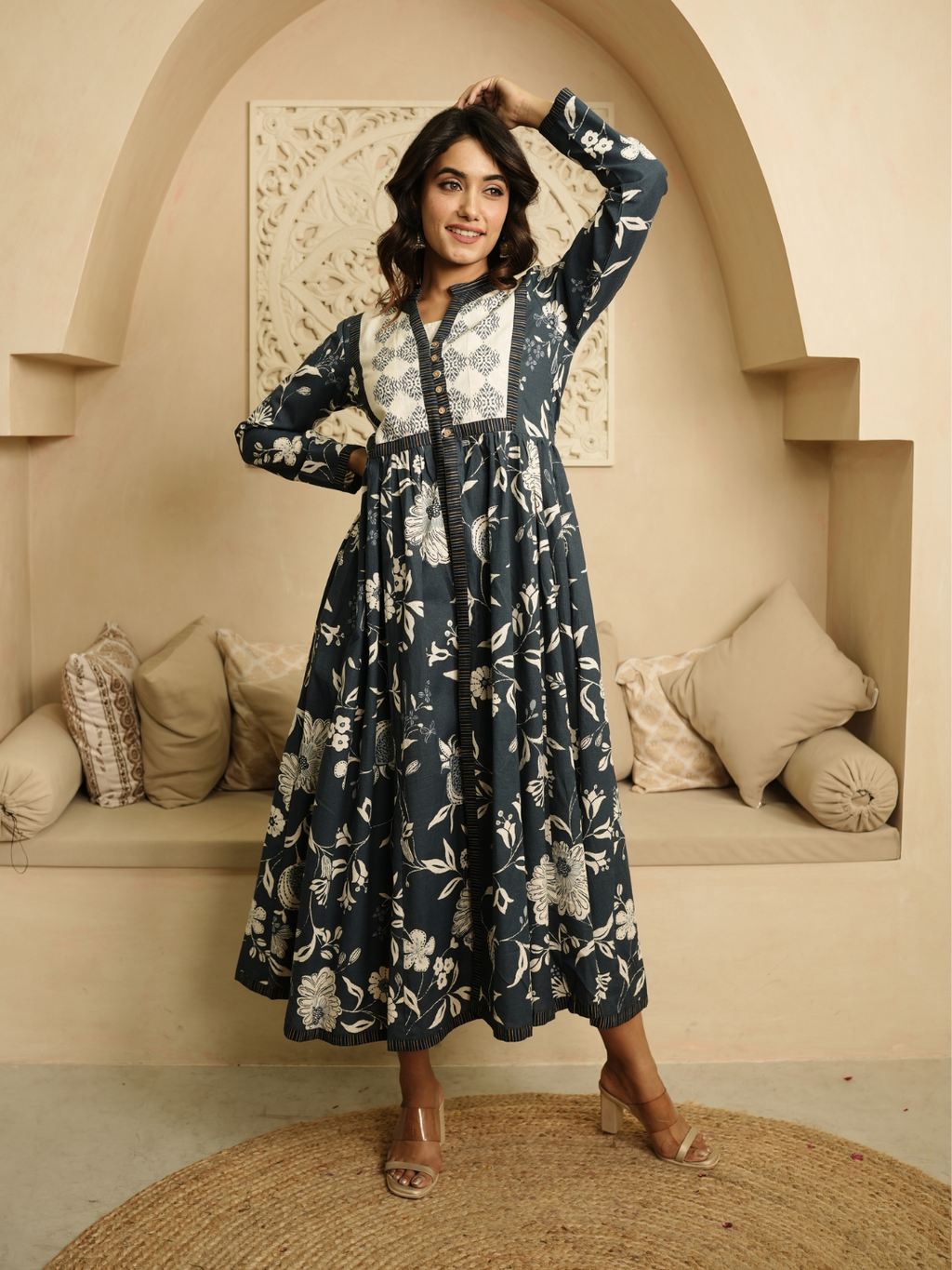 Blue and Beige Block Print Cotton Dress