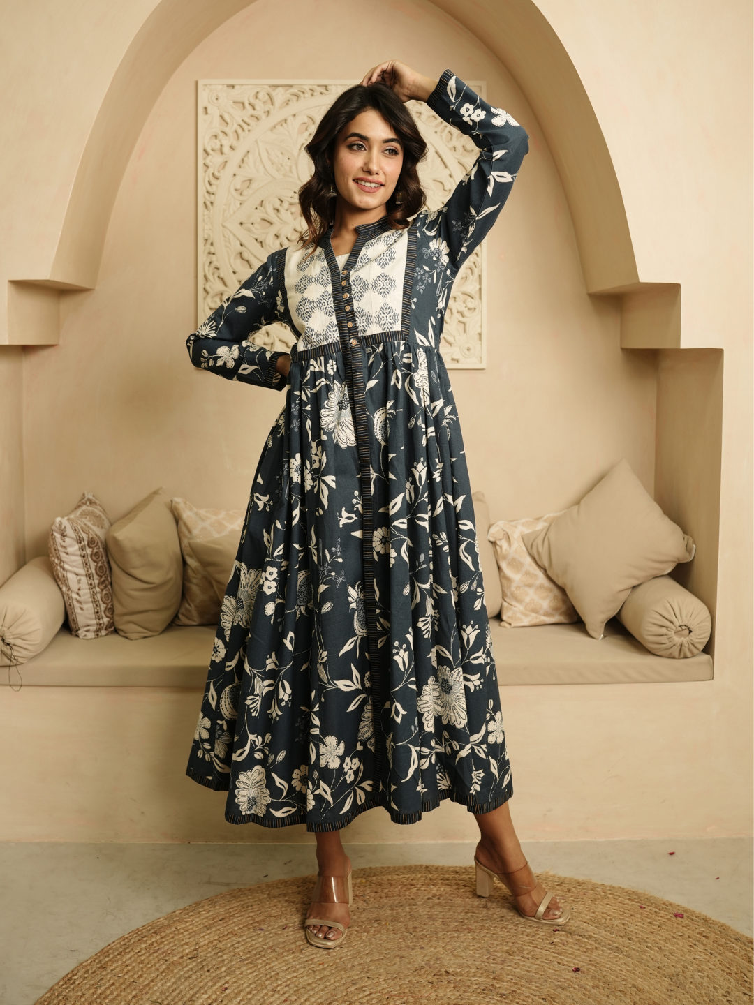 Blue and Beige Block Print Cotton Dress