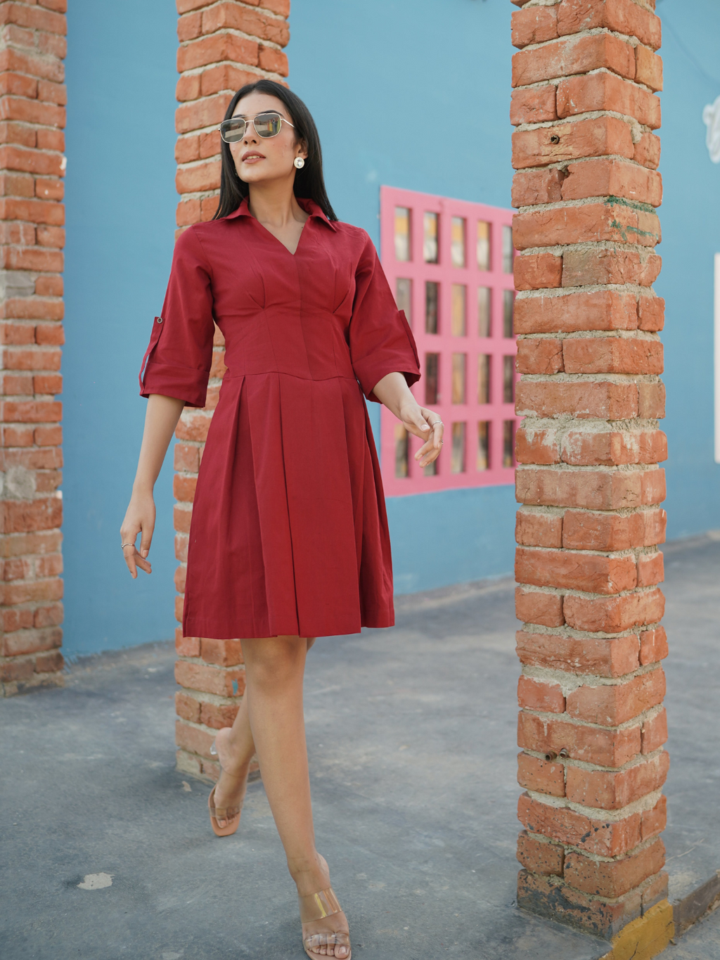 Red Cotton Linen Short Dress