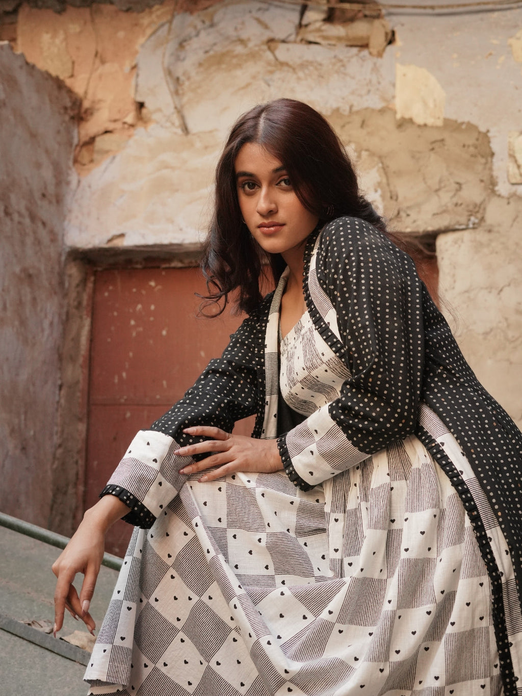 Heart Block Print Inner with Polka Dot Print Shrug