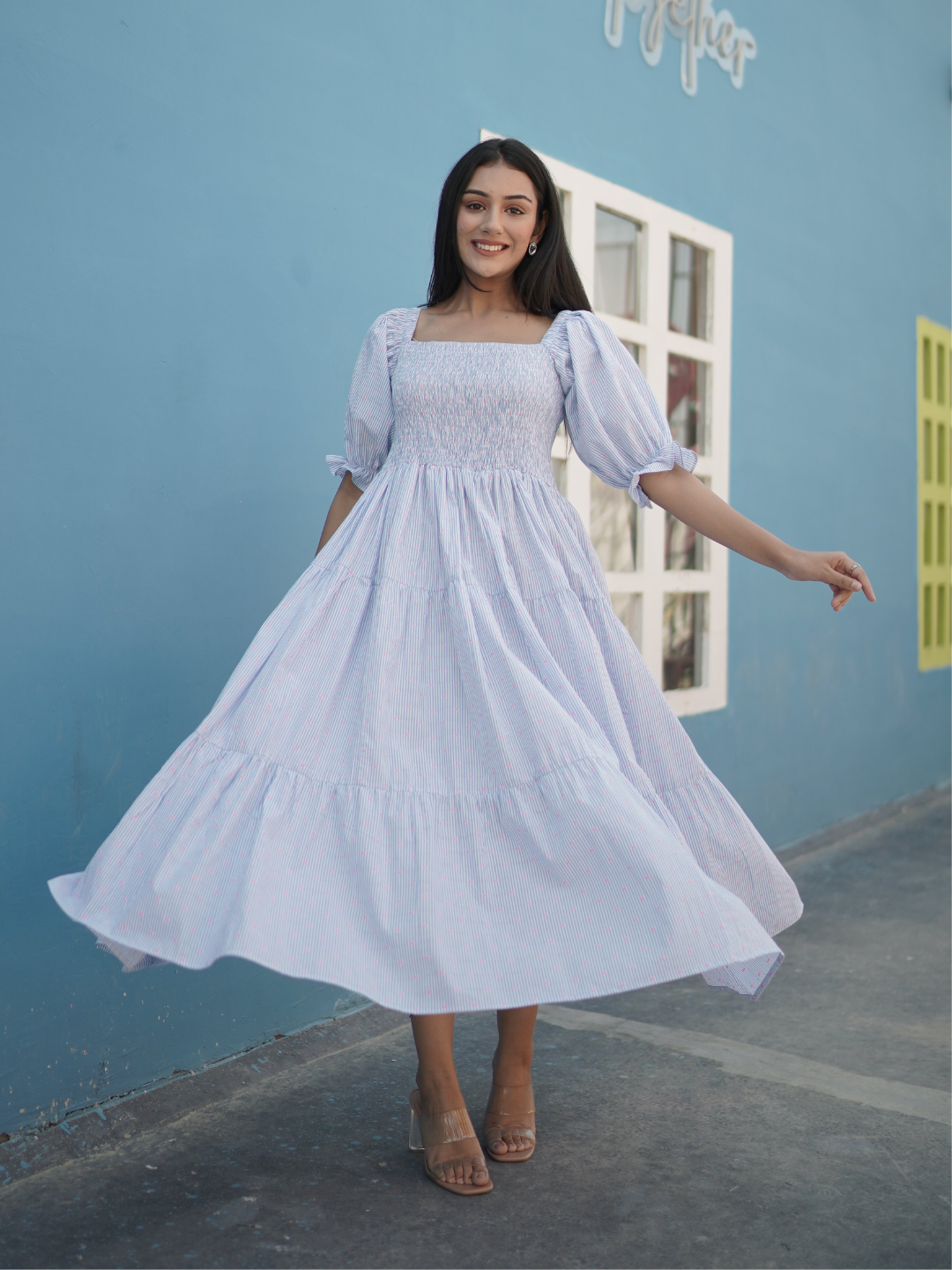 Cotton Dobby Smocked Midi Dress