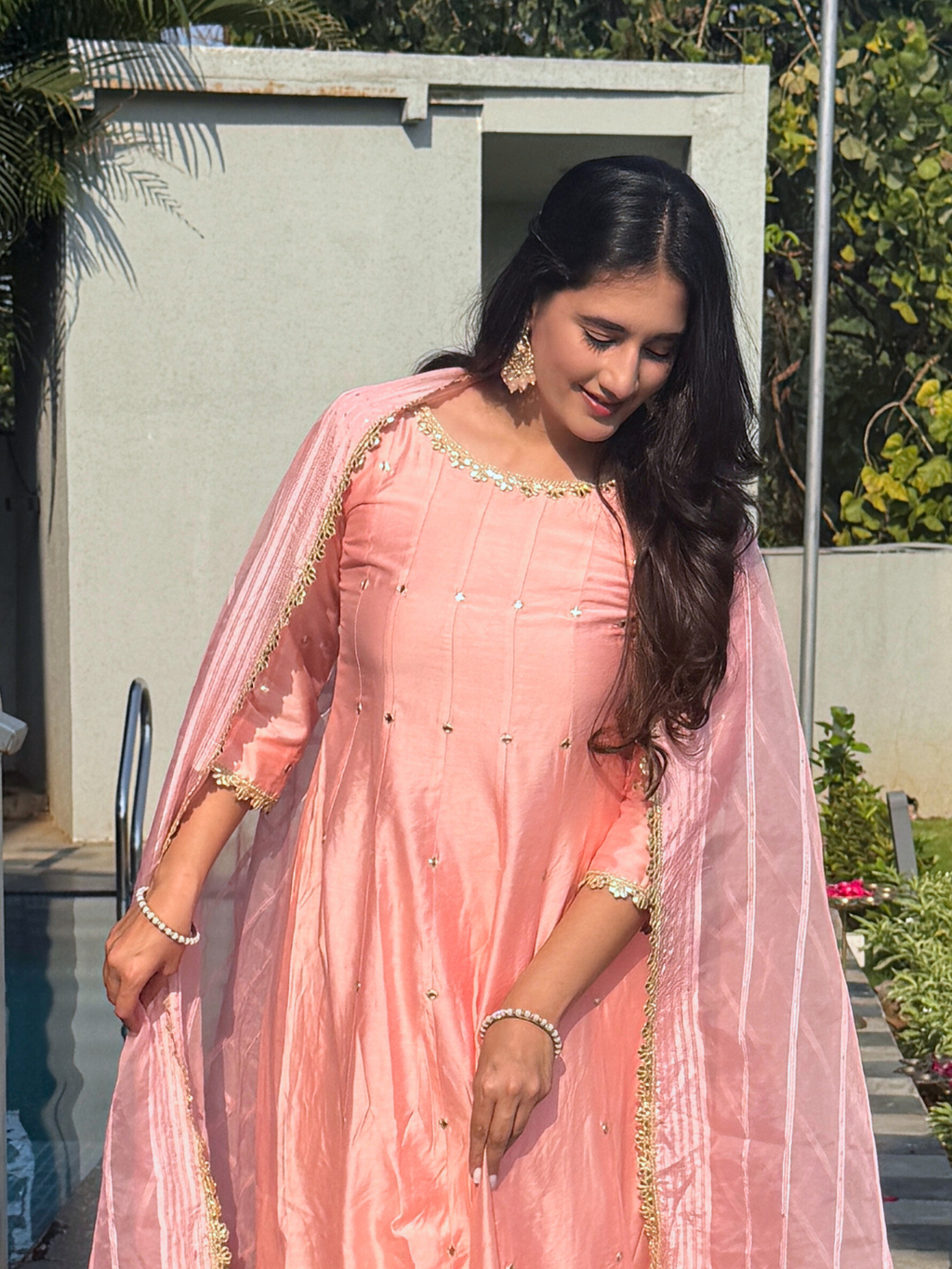 Pink Chanderi Anarkali  Kurta Set With Organza Dupatta