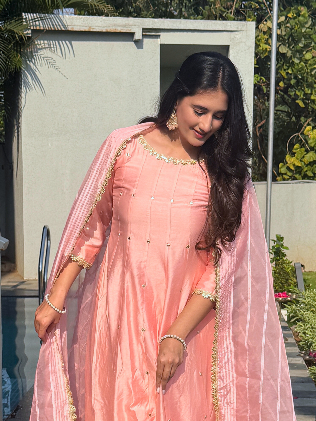 Pink Chanderi Anarkali  Kurta Set With Organza Dupatta
