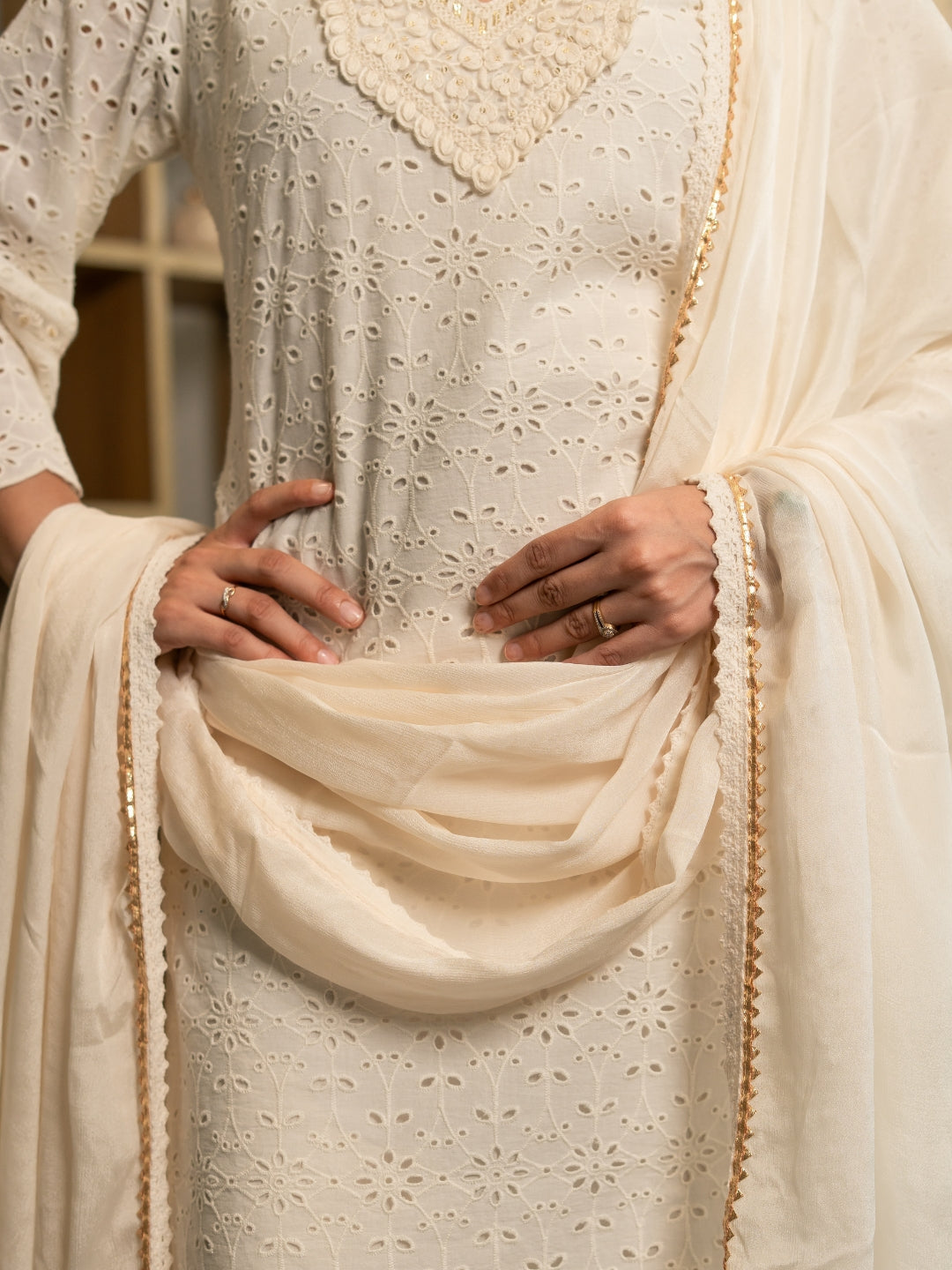 Schiffli Kurta Set with Dupatta and Pants