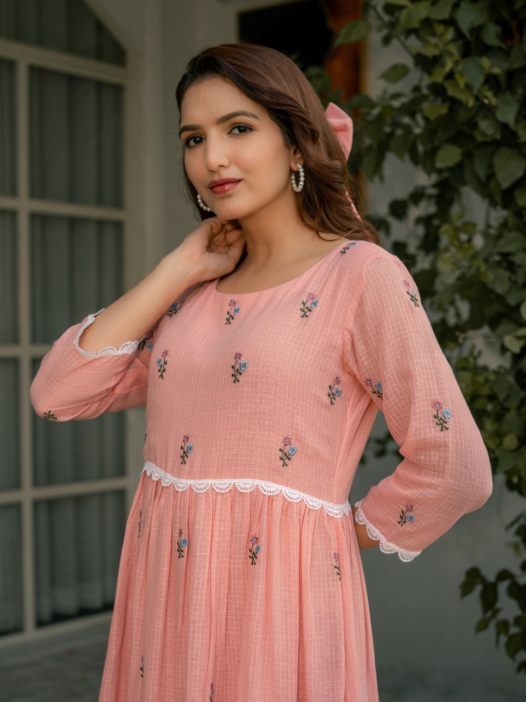 Pink Mist Dress in Kota Doriya Fabric with Embroidery